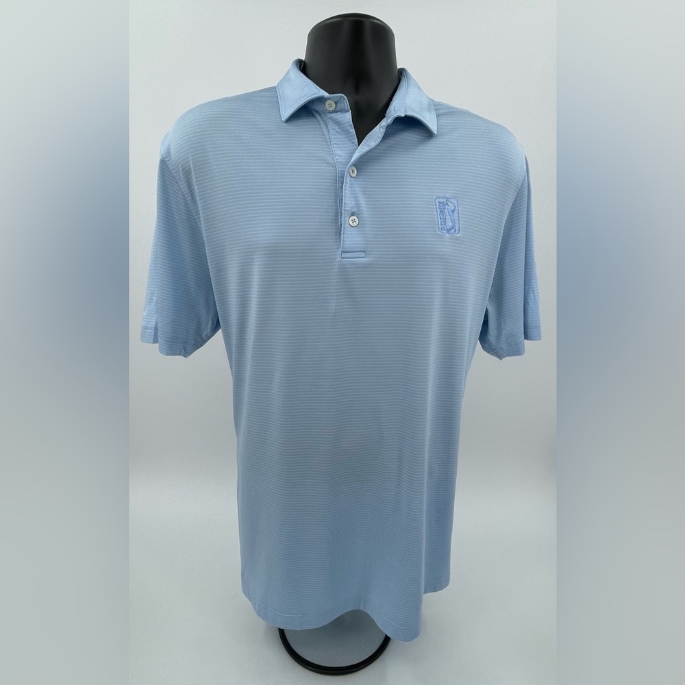 Johnnie-O Performance Polo Shirt Golf‎ Light Blue Stripe PGA Logo Men’s Large L
